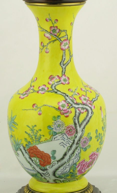 Mid-20th Century Pair Paul Hanson Yellow Handpainted Ceramic Asian Table Lamps