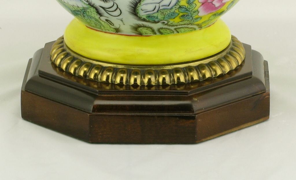 Wood Pair Paul Hanson Yellow Handpainted Ceramic Asian Table Lamps