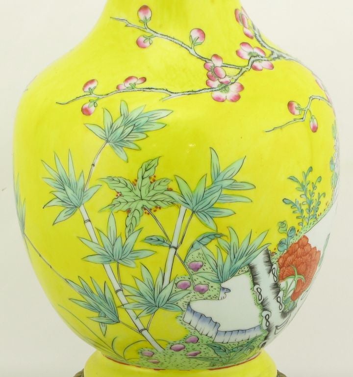 Pair Paul Hanson Yellow Handpainted Ceramic Asian Table Lamps 1