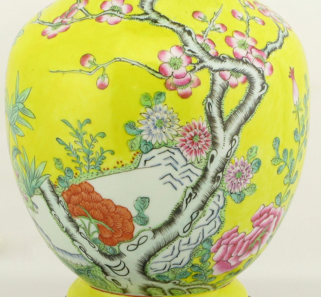 Pair Paul Hanson Yellow Handpainted Ceramic Asian Table Lamps 2