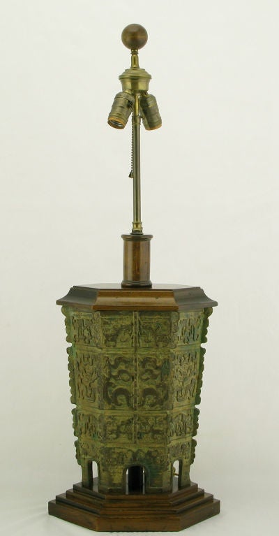 Paul Hanson Patinated Cast Bronze Chinoiserie Table Lamp