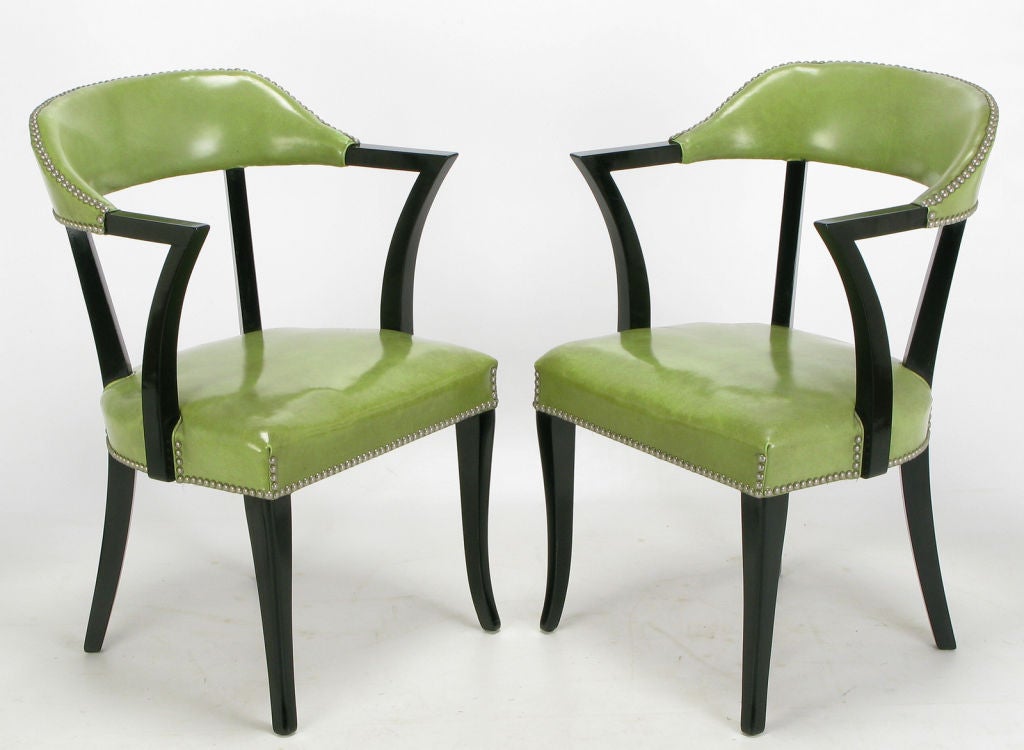 Mid-20th Century Set Four 1940s Black Lacquer & Sage Green Art Deco Dining Chairs