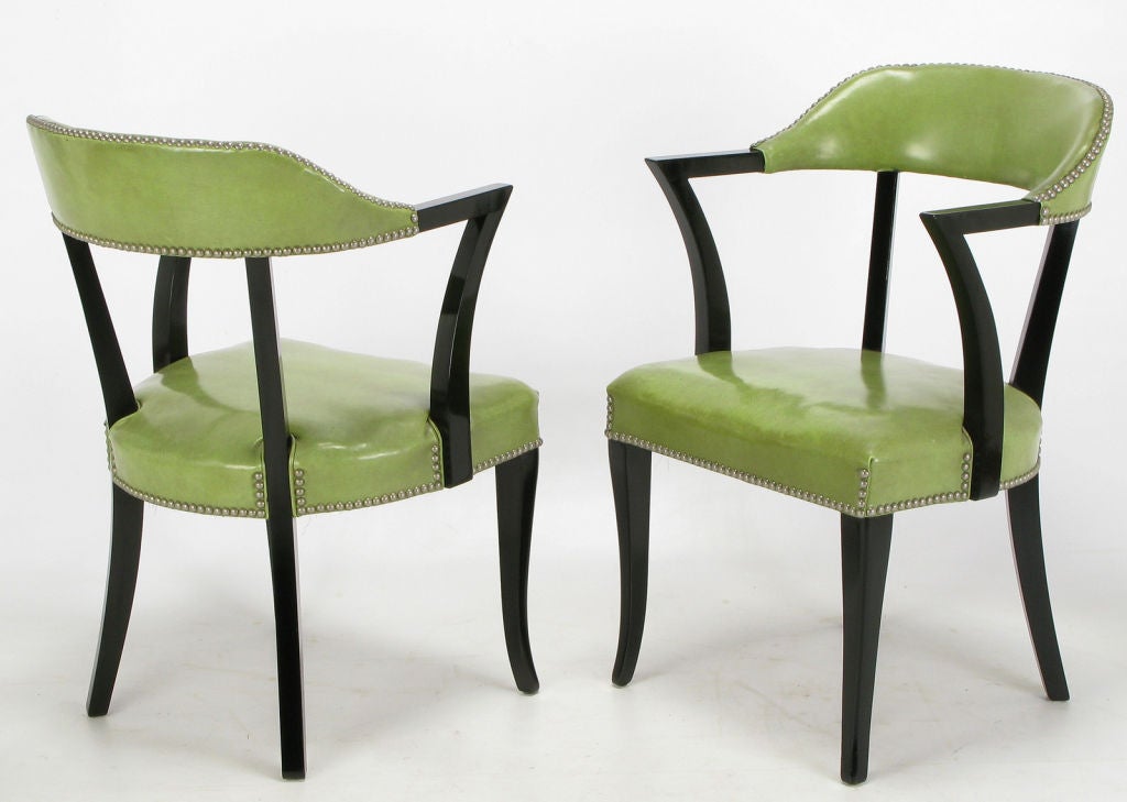 Wood Set Four 1940s Black Lacquer & Sage Green Art Deco Dining Chairs