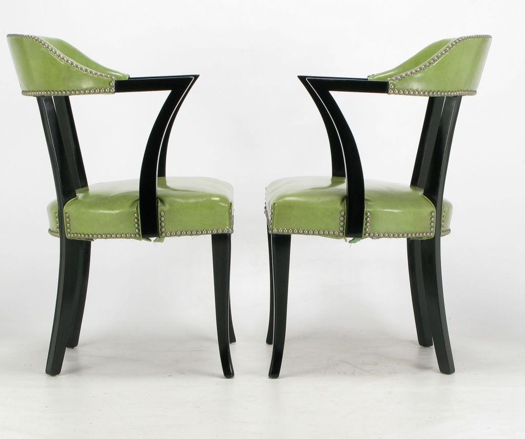 Set Four 1940s Black Lacquer & Sage Green Art Deco Dining Chairs 1