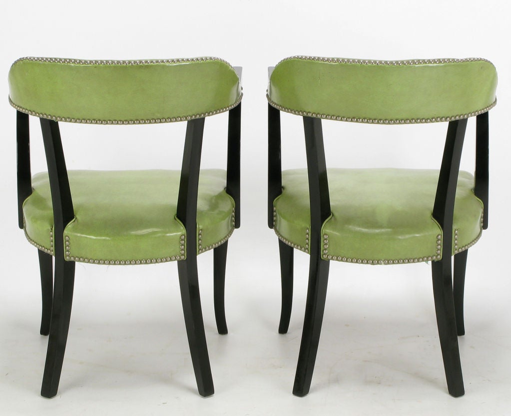 Set Four 1940s Black Lacquer & Sage Green Art Deco Dining Chairs 2