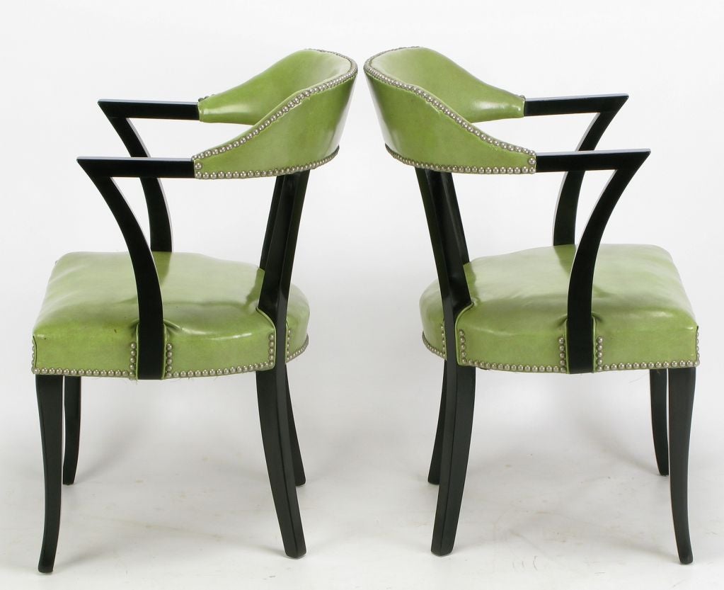 Set Four 1940s Black Lacquer & Sage Green Art Deco Dining Chairs 3