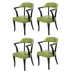 Set Four 1940s Black Lacquer & Sage Green Art Deco Dining Chairs