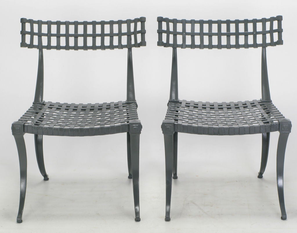 Set of six iconic klismos-leg dining chairs by Thinline, in high quality cast aluminum, finished in new slate gray lacquer. Can be used indoors or out. <br />
<br />
Image number eight shows the chair with a back and seat cushion that were custom