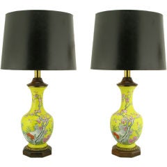 Pair Paul Hanson Yellow Handpainted Ceramic Asian Table Lamps