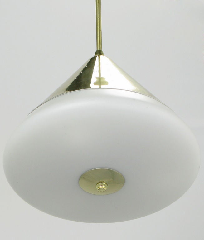 American Pair Conical Pierced Brass & Milk Glass Pendant Lights