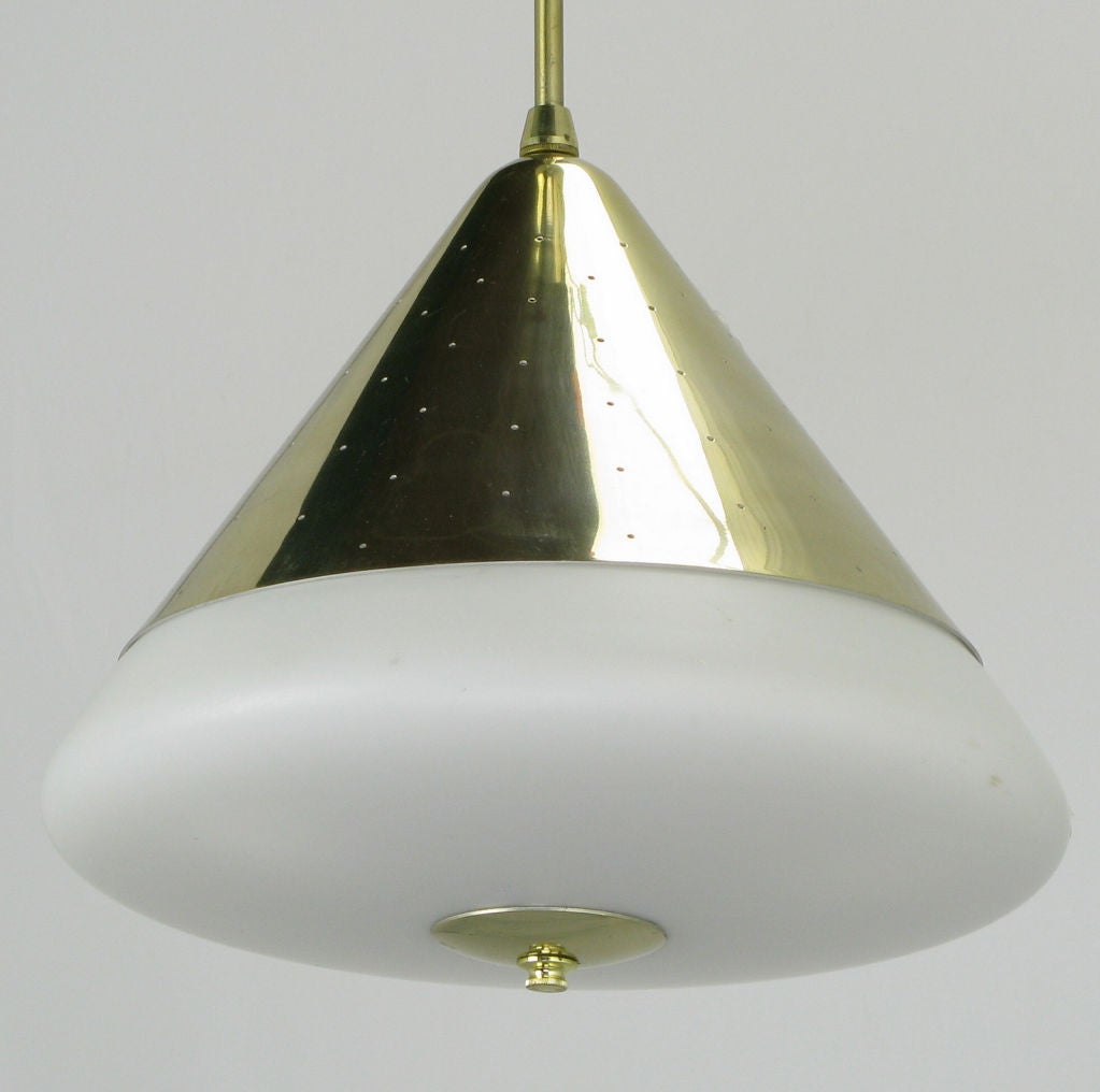 Mid-20th Century Pair Conical Pierced Brass & Milk Glass Pendant Lights