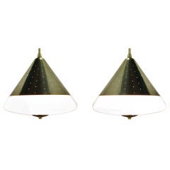 Pair Conical Pierced Brass & Milk Glass Pendant Lights