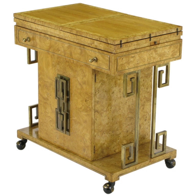 Mastercraft Rolling Bar Cart In Natural Amboyna Burl & Brass