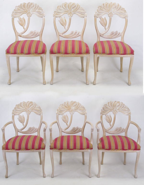 Set Four Italian Lime Washed  Floral Back  Dining Chair 6