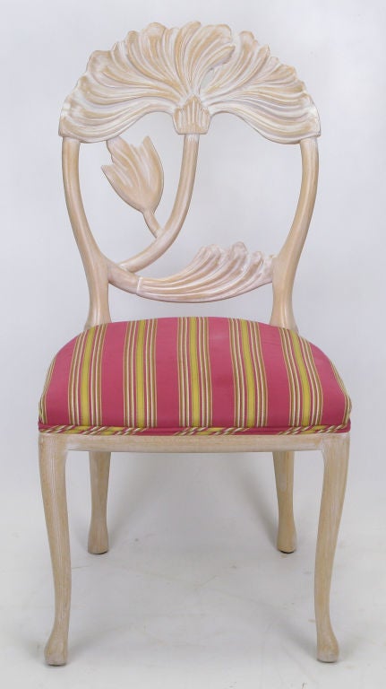 Late 20th Century Set Four Italian Lime Washed  Floral Back  Dining Chair