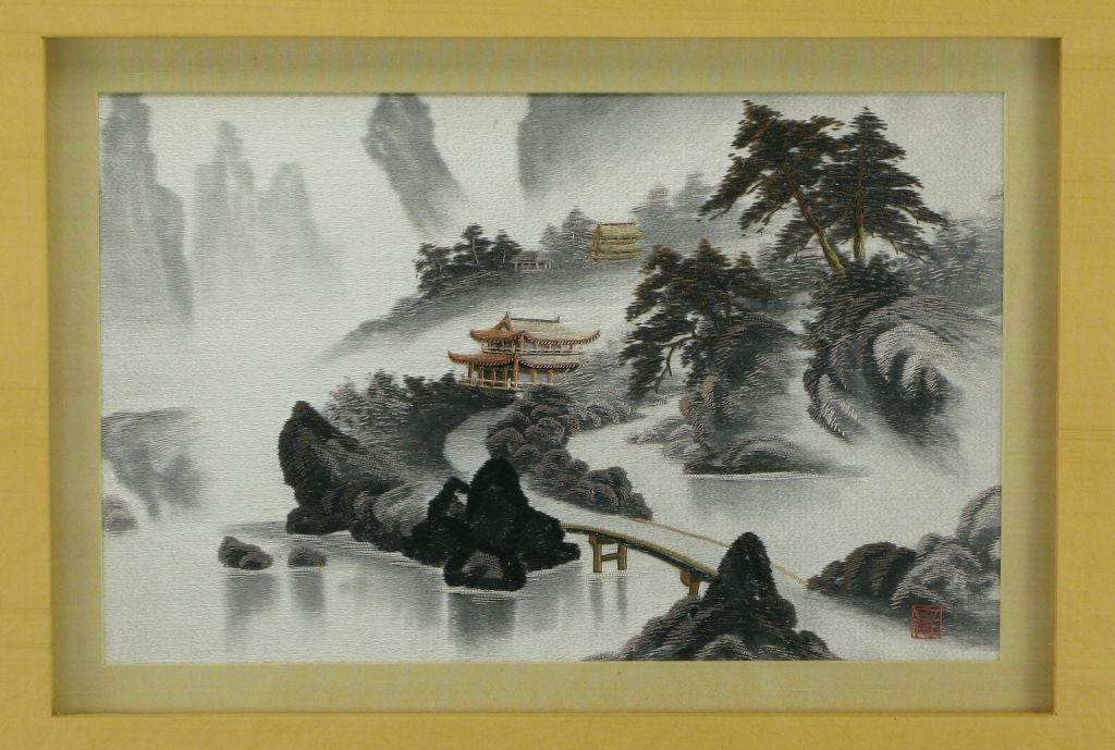 Beautifully hand sewn Japanese scenic tapestries are so lifelike as to appear paintings or a print from a distance. Hand embroidered silk thread in gray, black, green and brown over white/gray silk background. Silver leaf frame with a double linen
