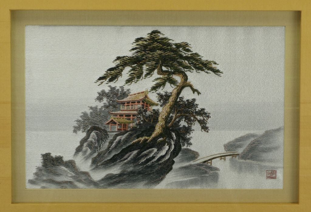 Mid-20th Century Pair Framed Japanese Silk Embroidered Landscapes