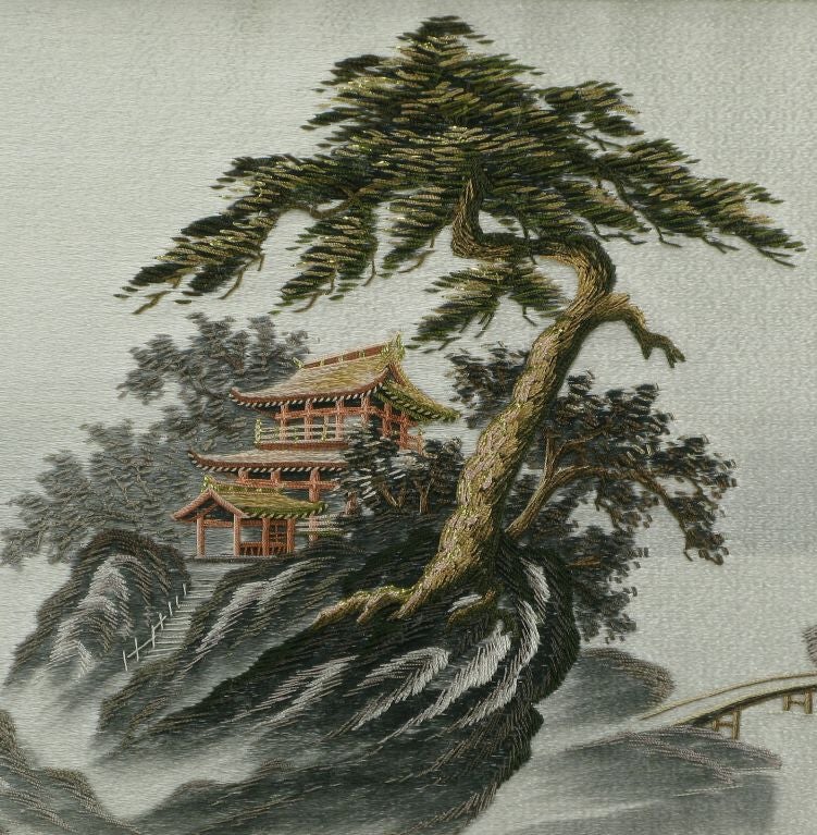 Pair Framed Japanese Silk Embroidered Landscapes 1