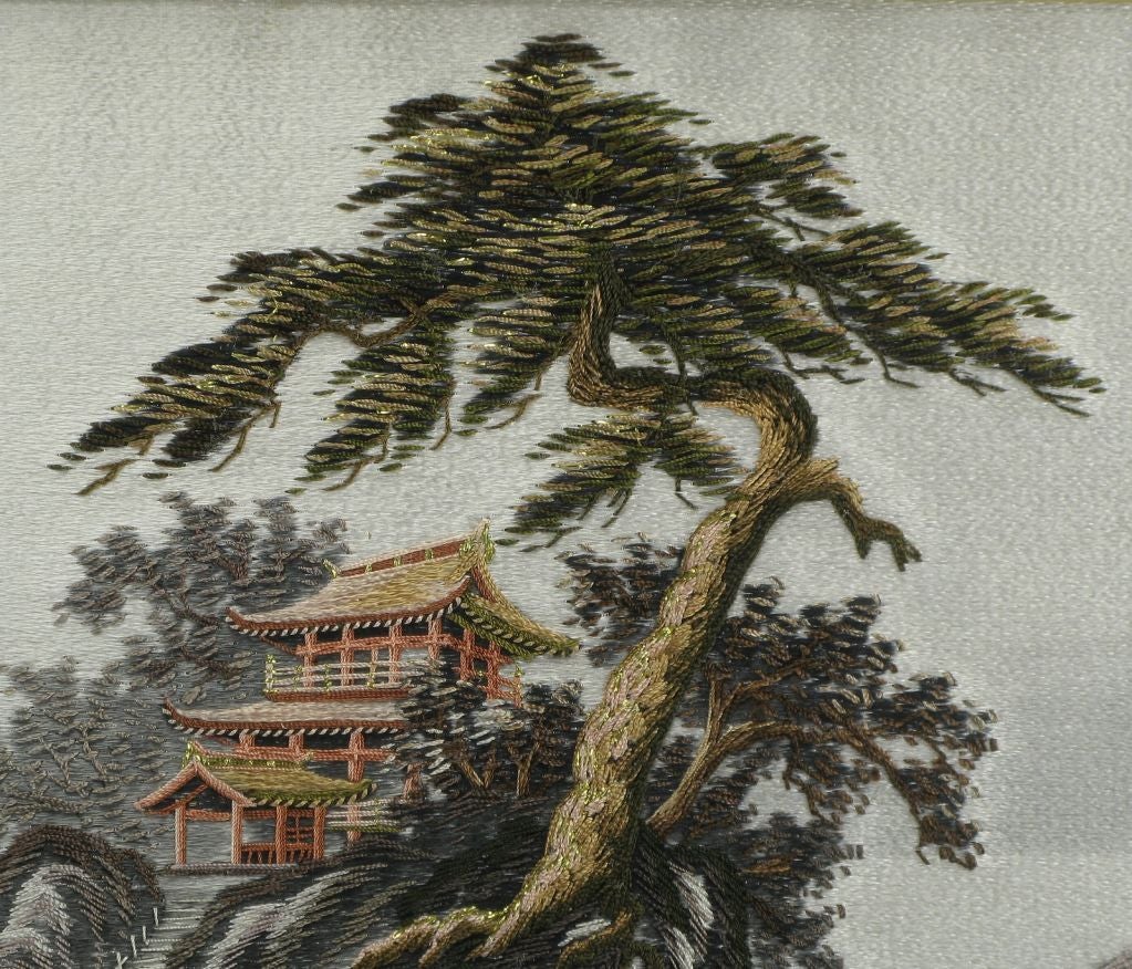Pair Framed Japanese Silk Embroidered Landscapes 2