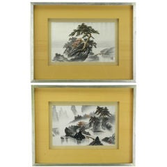 Vintage Pair Framed Japanese Silk Embroidered Landscapes