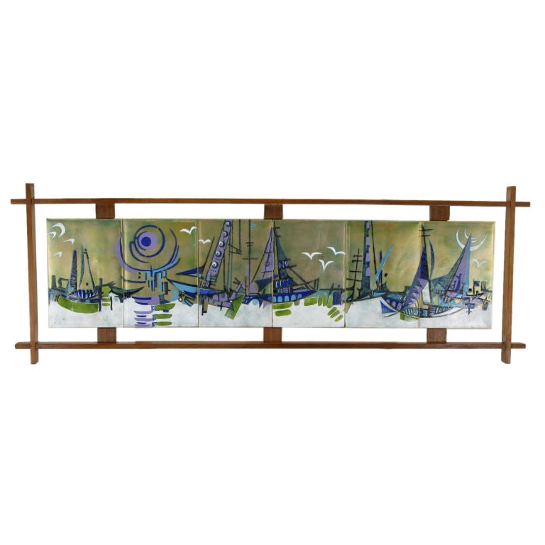 Enameled Brass Six-Panel Abstract Harbor Scene In Walnut Frame