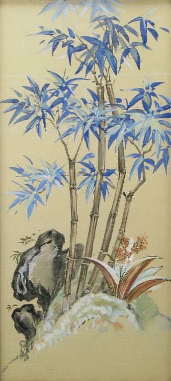 Pair Faux Bamboo Framed Hand Painted Asian Silk Tapestries