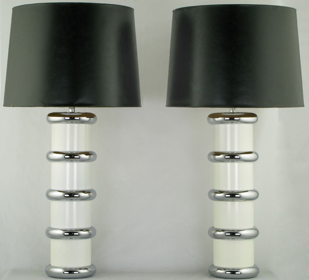 Pair Mutual Sunset White Enameled & Chrome Ring Table Lamps
