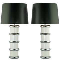 Pair Mutual Sunset White Enameled & Chrome Ring Table Lamps