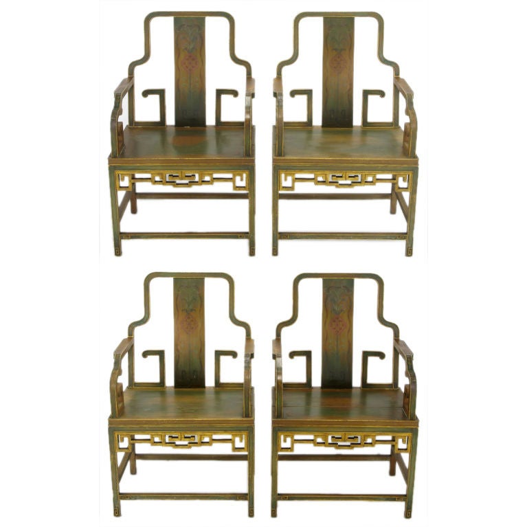 Four 1940s Gump's Hand Painted Chinoiserie Arm Chairs