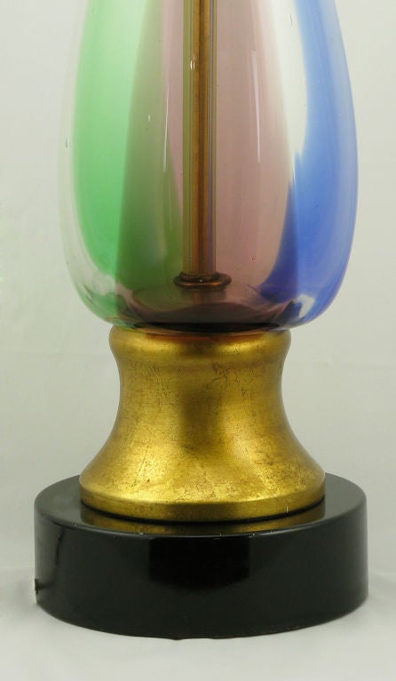 Giltwood Pair Murano Glass Table Lamps In Lapis, Emerald & Amethyst.