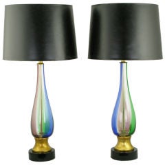 Pair Murano Glass Table Lamps In Lapis, Emerald & Amethyst.