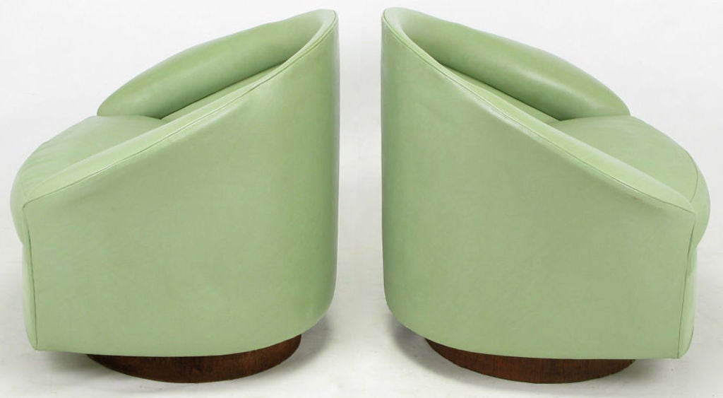 Pair Milo Baughman Sage Green Batwing Swivel Chairs 1