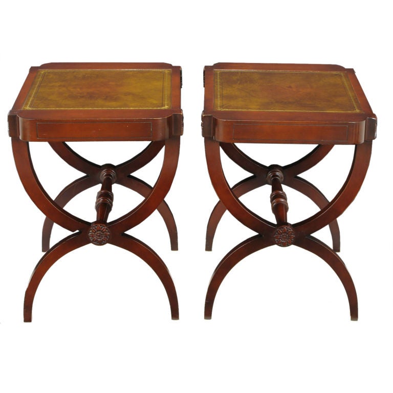 Pair 1940's Zangerle & Peterson Mahogany Curule Leg End Tables