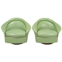 Pair Milo Baughman Sage Green Batwing Swivel Chairs
