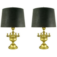 Pair Heavy Bodied Brass Regency Table Lamps With Candelabra.