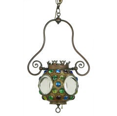 Art Nouveau Brass Pendant Inset With Colored Faceted Glass