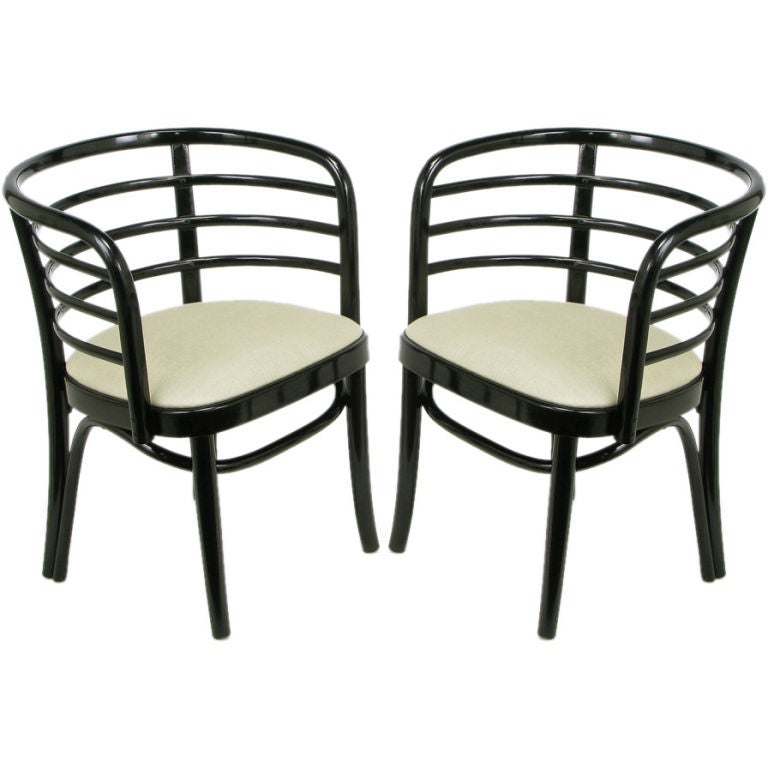 Pair Kohn Mundus Black Lacquer & Linen Bentwood Chairs