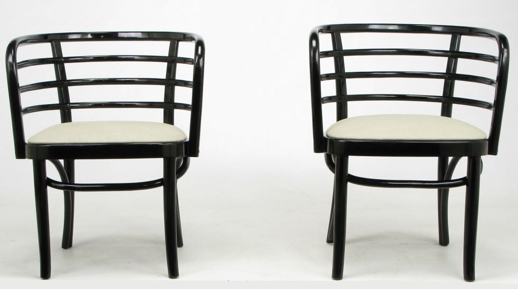 Polish Pair Kohn Mundus Black Lacquer & Linen Bentwood Chairs