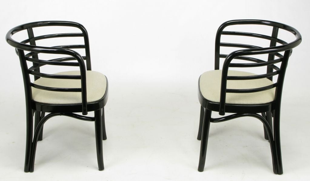 20th Century Pair Kohn Mundus Black Lacquer & Linen Bentwood Chairs