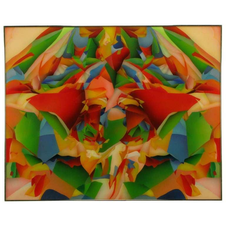 Colored with red, blue, green, yellow, orange and pink this reverse screen print on acrylic resembles an oil painting from a distance. In gold frame. Signed and dated.