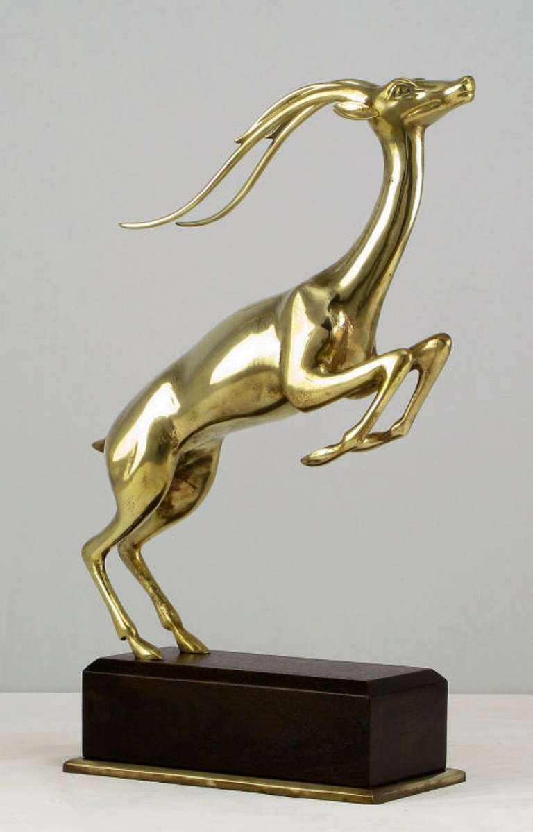 American Large Brass Gazelle Sculpture On Walnut & Brass Pedestal. For Sale