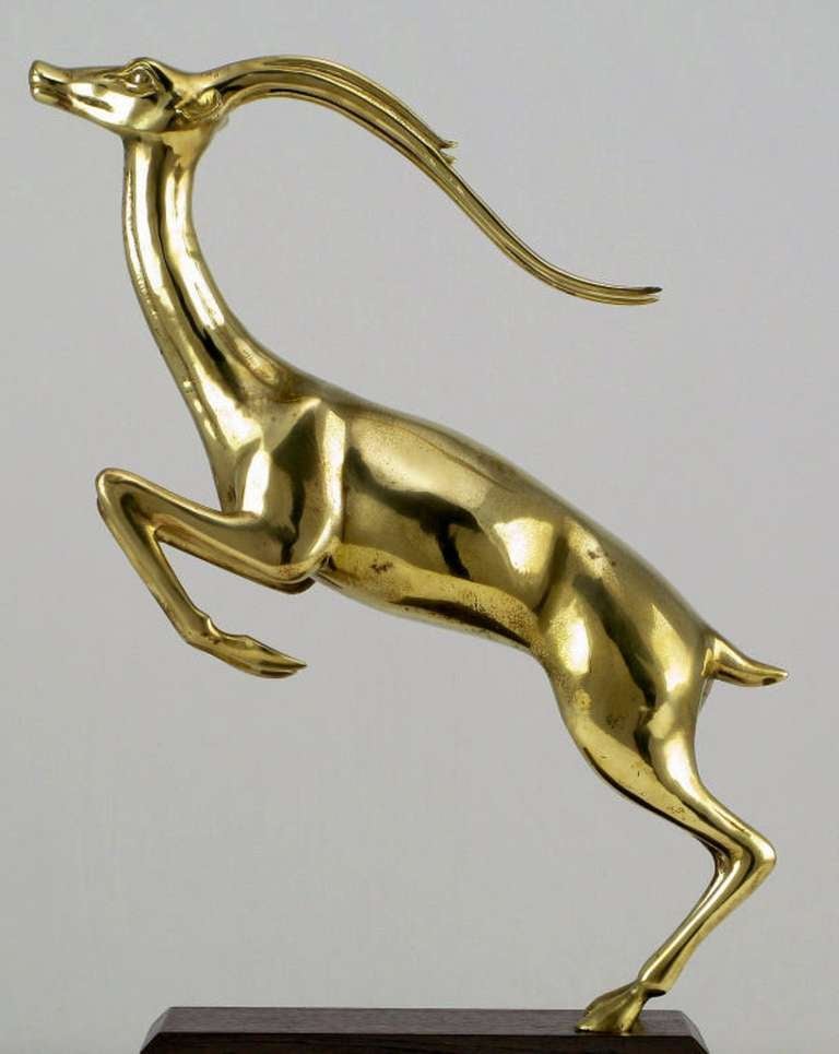 Late 20th Century Large Brass Gazelle Sculpture On Walnut & Brass Pedestal. For Sale