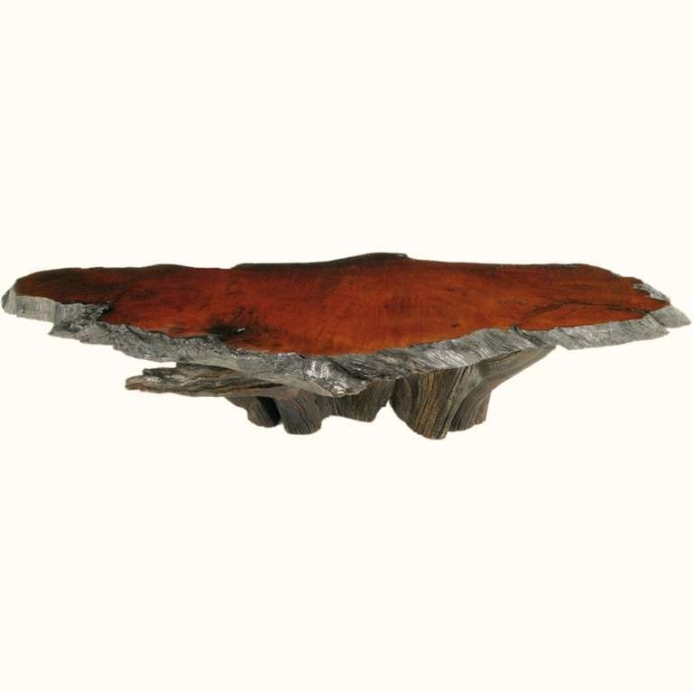 Over 8 feet long, sculptural and monumental, this incredible redwood burl table is supported by a tree root base. Extremely thick top.