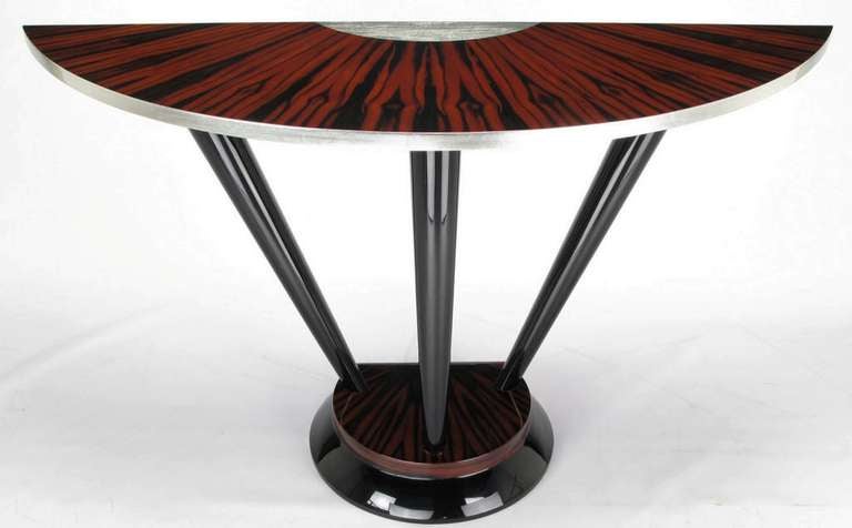 American Macassar Ebony & Silver Leaf Art Deco Inspired Demilune Console Table