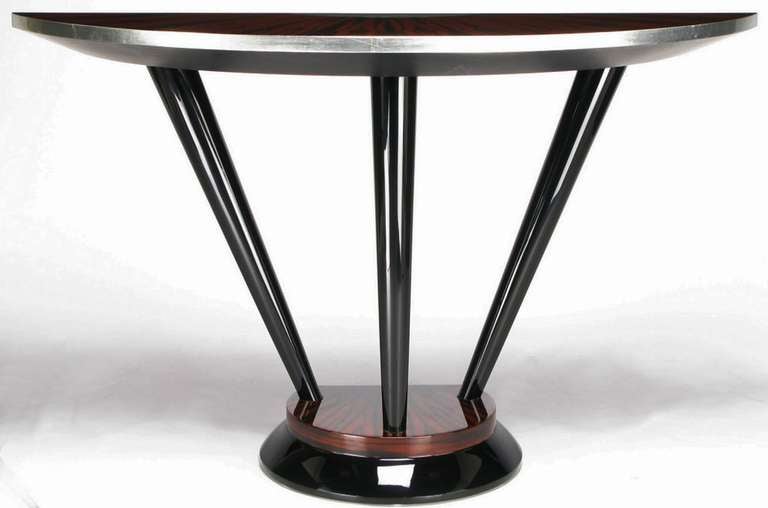 Macassar Ebony & Silver Leaf Art Deco Inspired Demilune Console Table In Excellent Condition In Chicago, IL