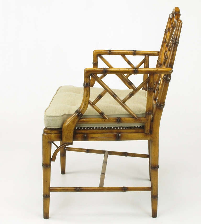 Pair Hekman Flamed Bamboo-Form Chinese Chippendale Armchairs In Excellent Condition In Chicago, IL