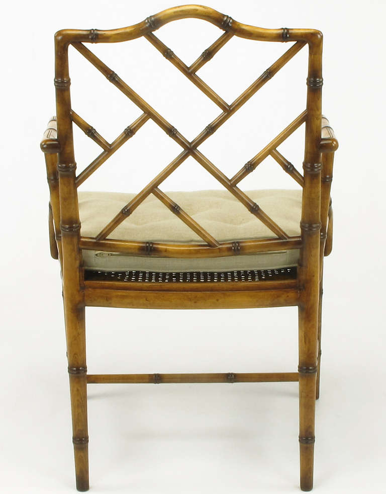 Mid-20th Century Pair Hekman Flamed Bamboo-Form Chinese Chippendale Armchairs