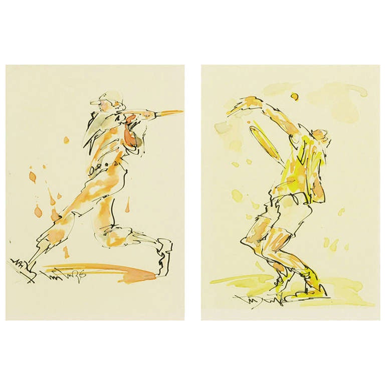 Pair Sports Themed Water Color & Ink Paintings, Signed