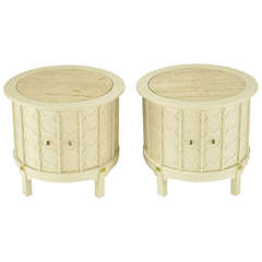 Vintage Pair of Bone Lacquer Cylinder Tables with Travertine Inlaid Tops