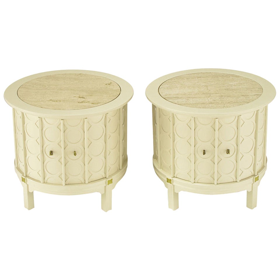 Pair of Bone Lacquer Cylinder Tables with Travertine Inlaid Tops For Sale